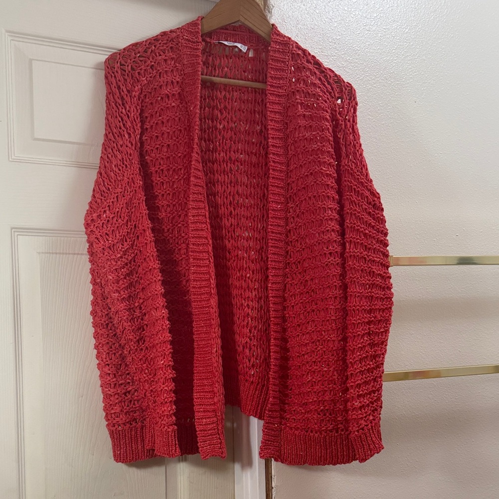 Mango Open-Front Red Knit Cardigan